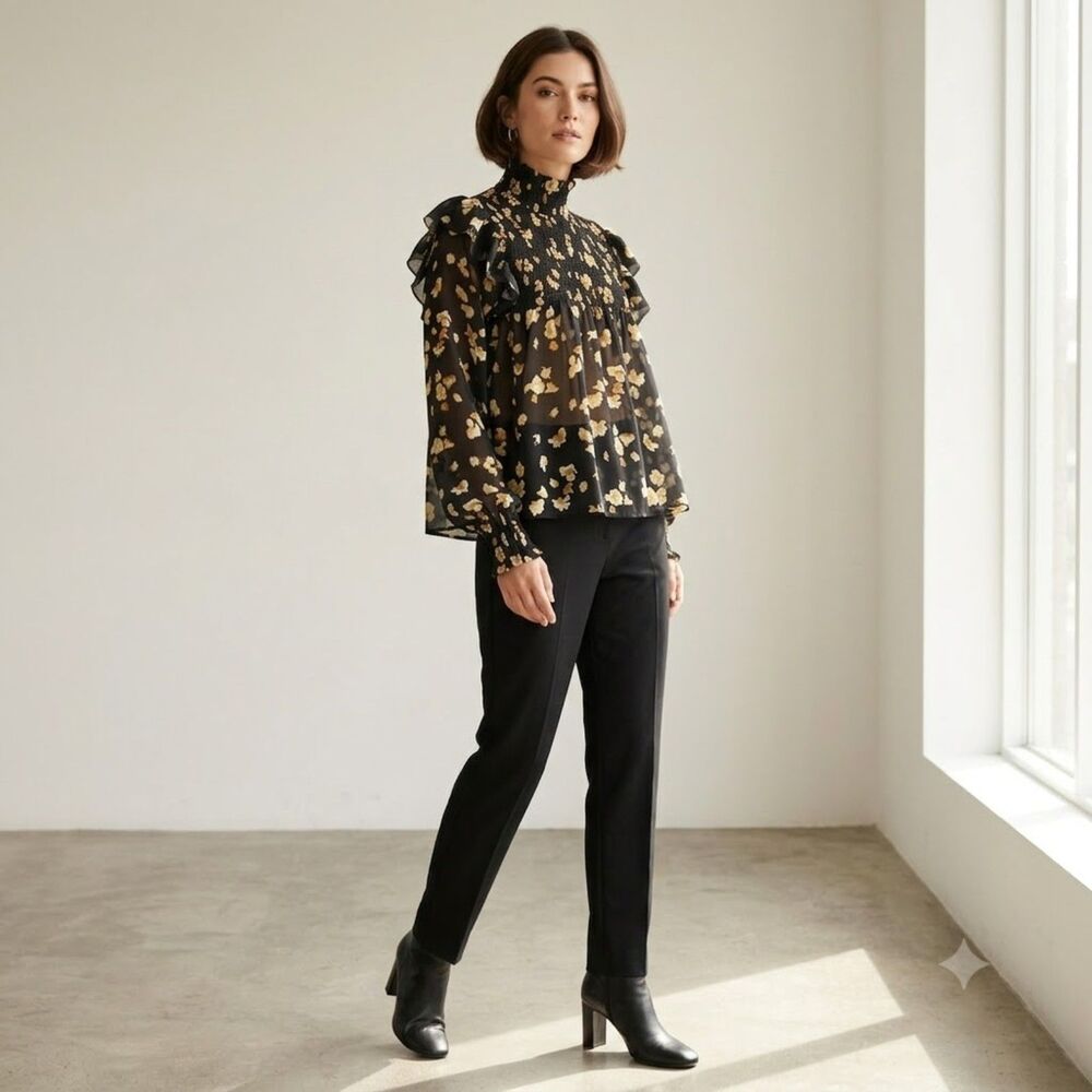 OPT One Pretty Time Small Black Floral Blouse High Neck NEW NWT Cottage